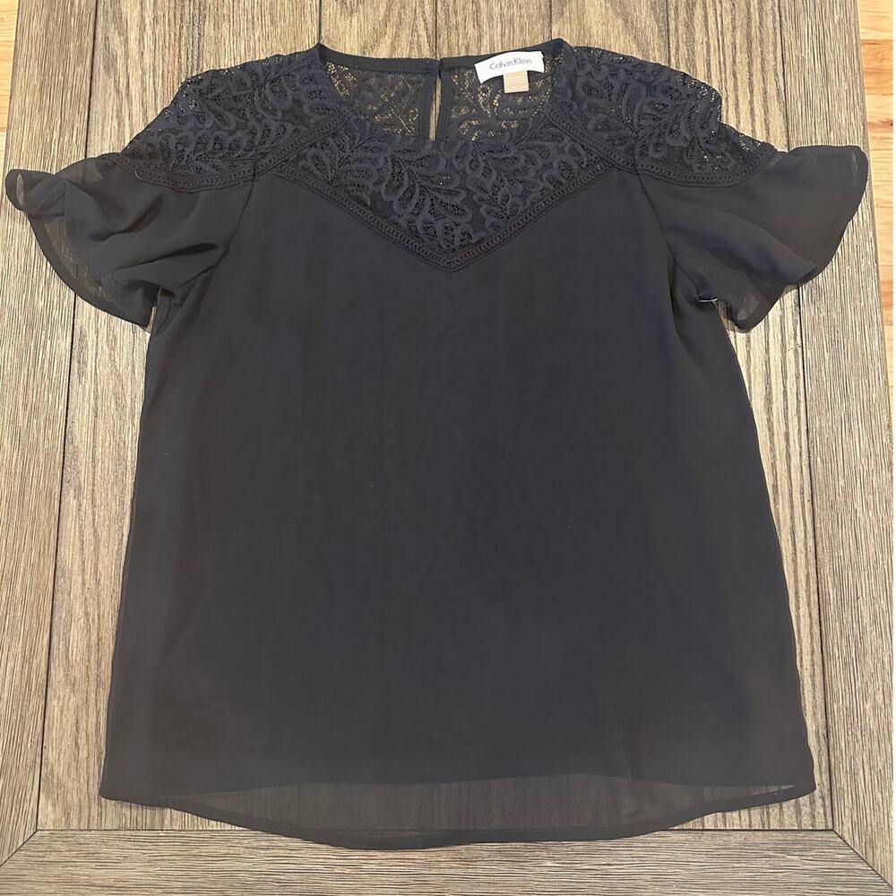 Calvin Klein Women's Black Lace Neck Sheer Short Sleeve Petite Blouse XS NWOT
